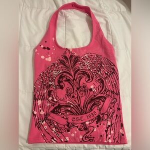 Pink Graphic Tank Top with Ornate Wing Design
